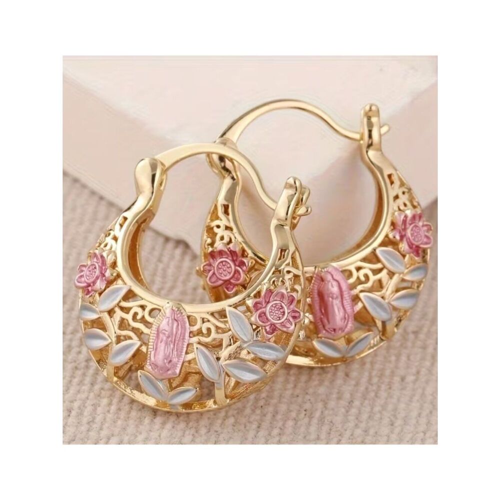 NWT Gold Plated Filigree Cutout 1” Hoop Earrings Flower Leaf Alloy